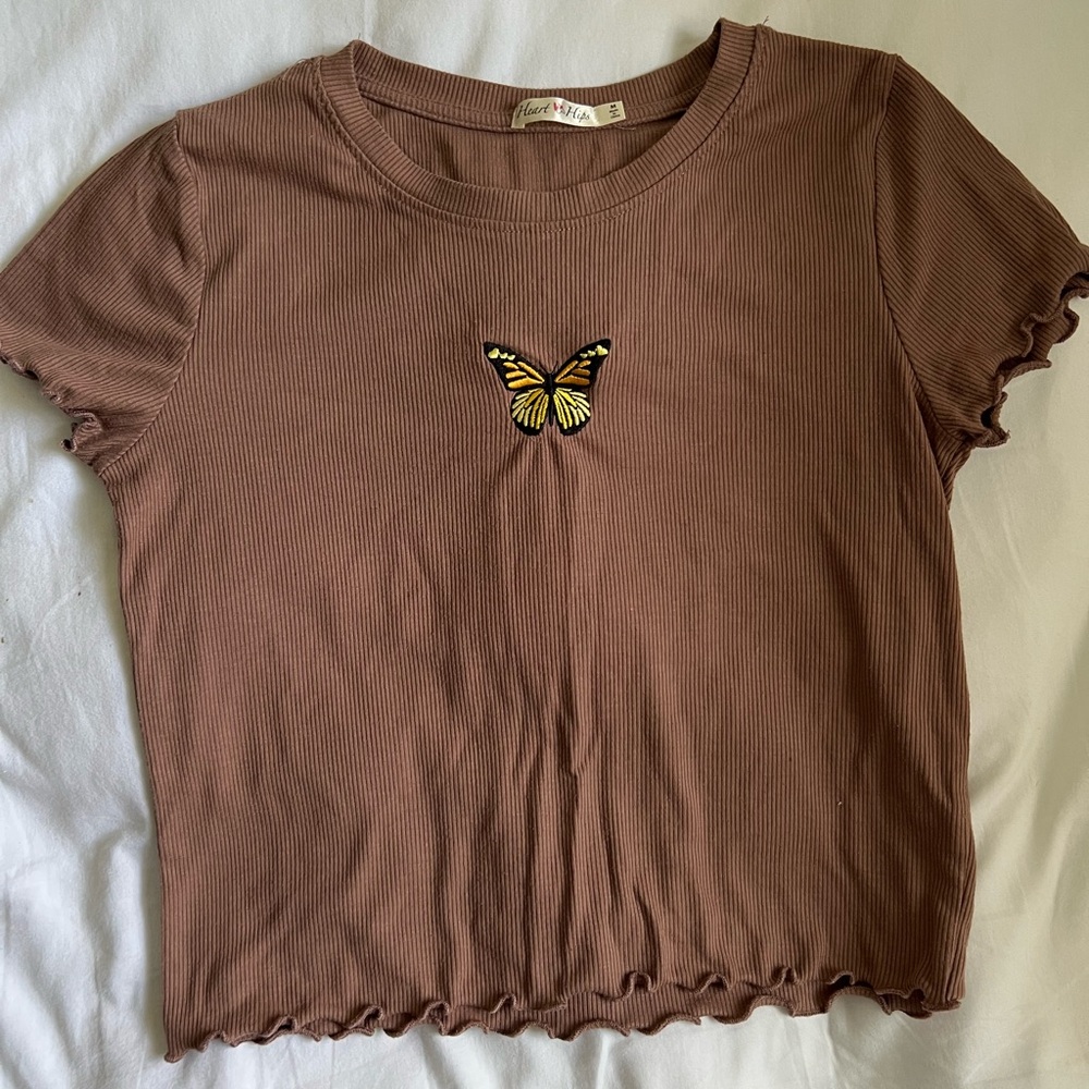 Brown Ruffled Short Sleeve Crop Top